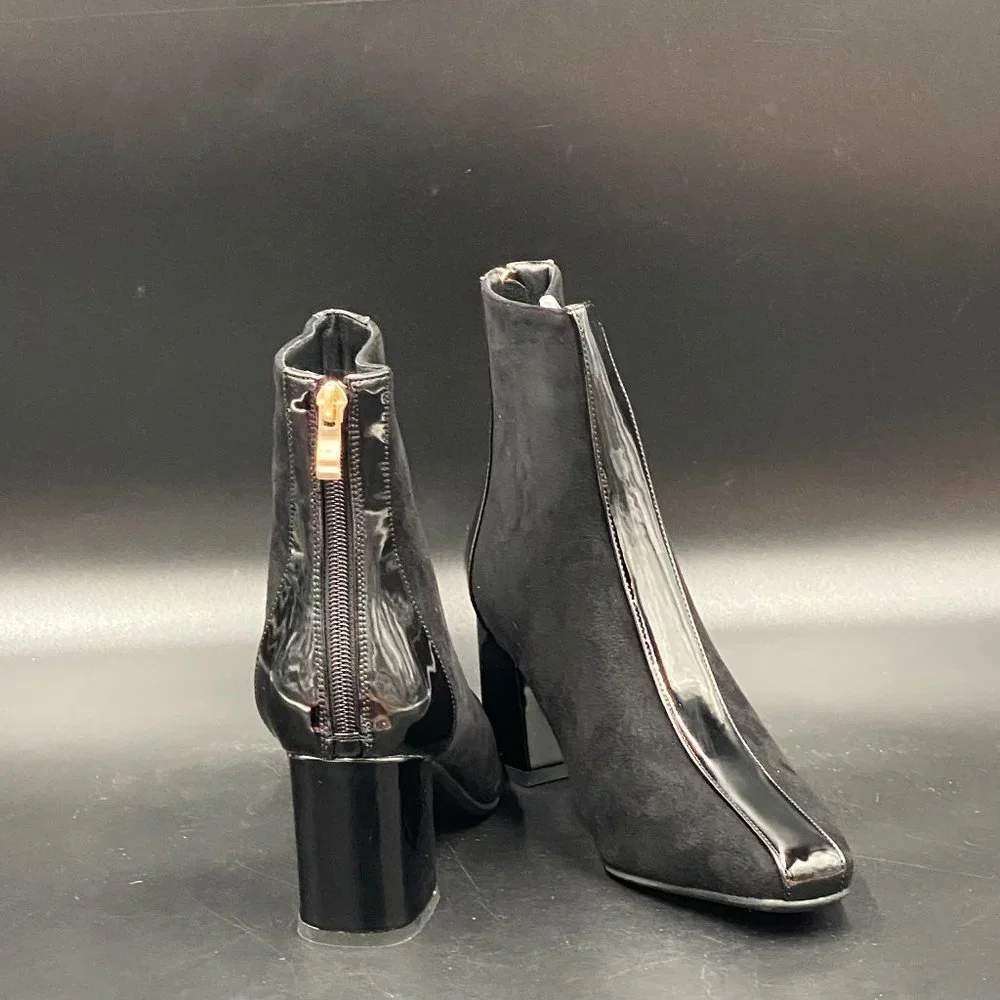 Black Women Chunky Low Heel Square Toe Suede Back Zipper Ankle Boot